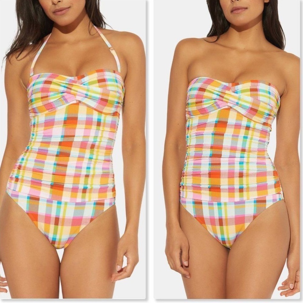 Bleu Rod Beattie Plaid Shirred Bandeau Strapless swimsuit One-Piece 10